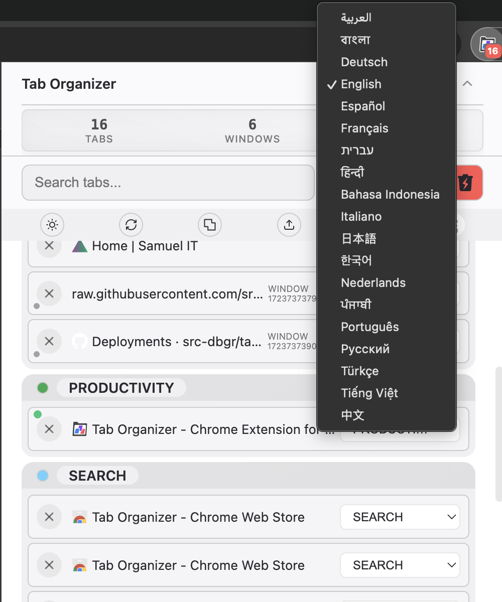 Tab Organizer select a your language